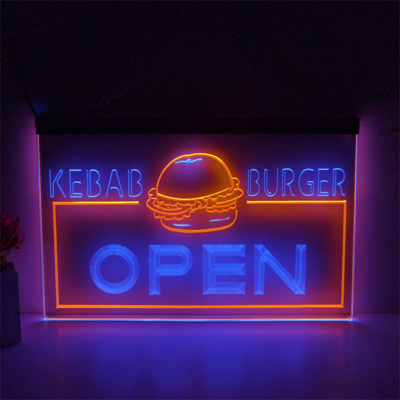 REWIS Letreros de neón LED para Kebab y Hamburguesa, Luces de neón con atenuación de 3 Niveles alimentadas por USB, para decoración Colgante de restaurantes.,Blue Orange,40x30cm