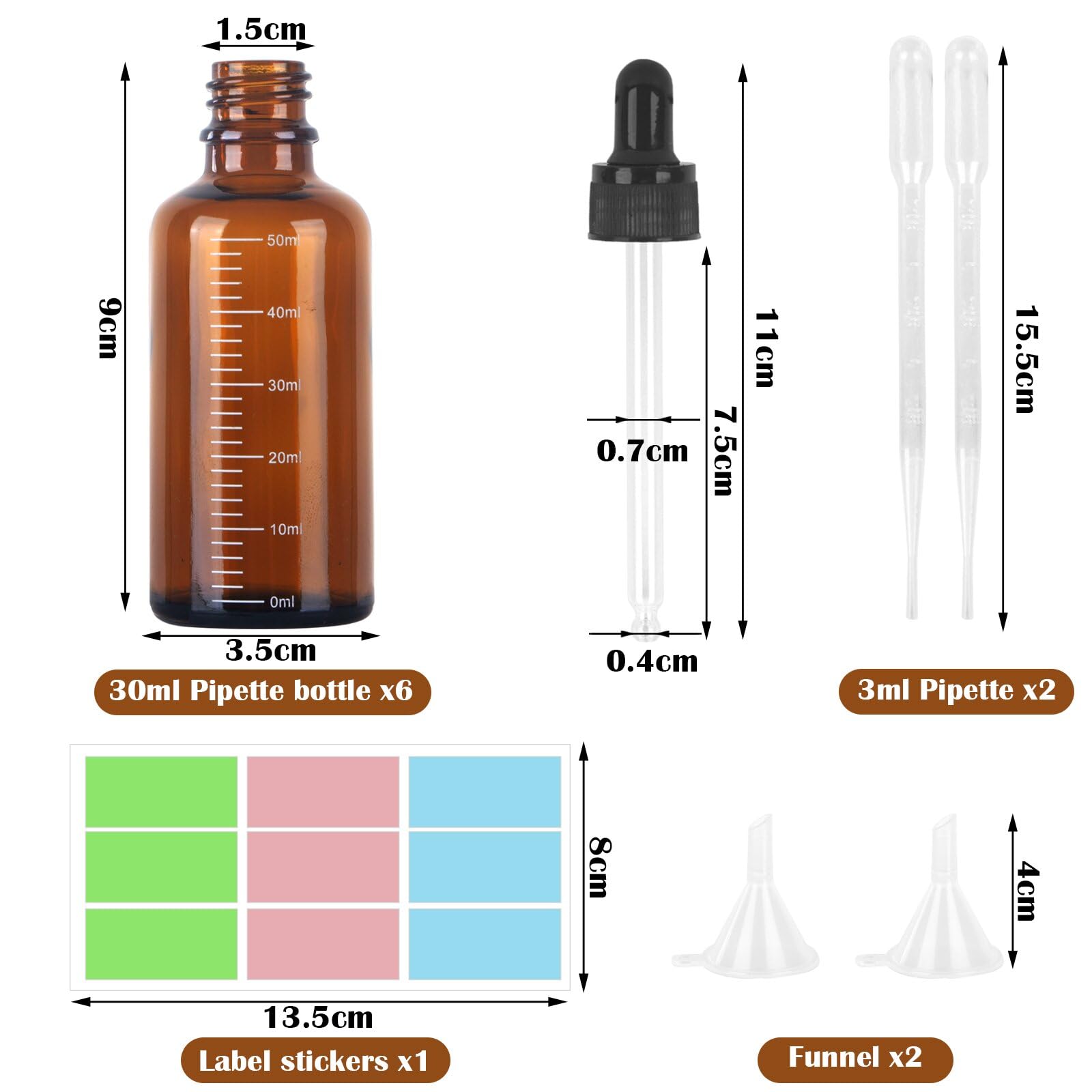 6-częściowa butelka pipetowa 50ml, anty-UV brązowa szklana butelka kapiołowa, brązowa szklana butelka z 2 lejkiem 2 pipetowa końcówka igły 1 naklejka