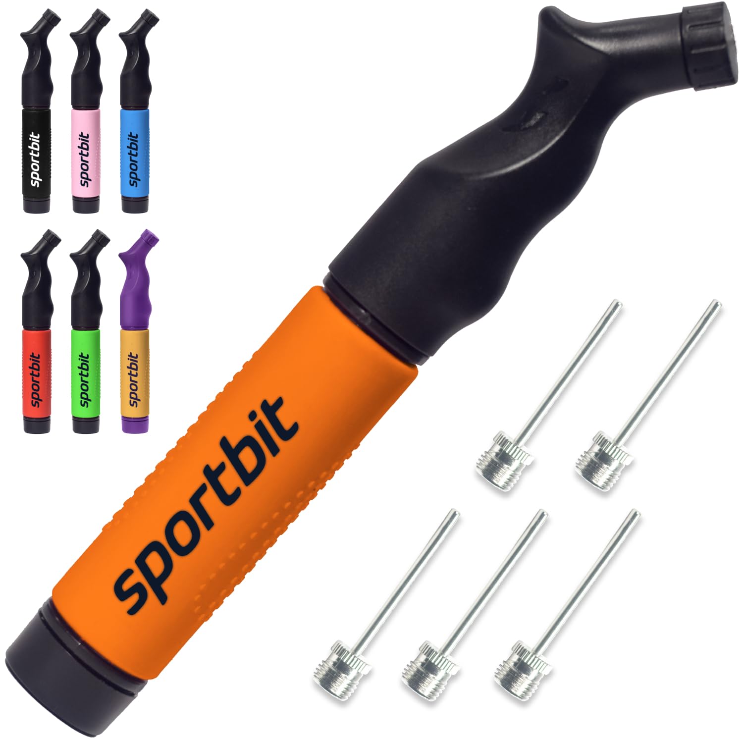 SPORTBIT Ballpumpe mit 5 Nadeln Set - Handpumpensystem zum Aufpumpen - Passt für jeden Sportball Volleyball Basketball Fußball Gymnastik Soccer Ball, Aufblasgerät Luftpumpe