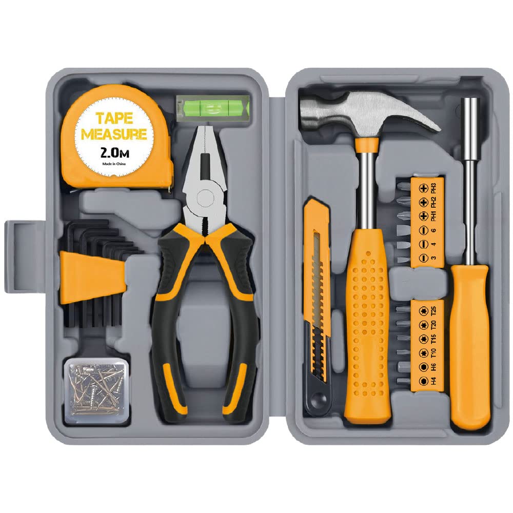 Hunter 9pc DIY Household Tool Set: Hammer, Combination Plier, Measuring Tape, Allen Key Set, Screw Bits, Screw Assortment, and Box Cutter - Essential Tools for Home & Office