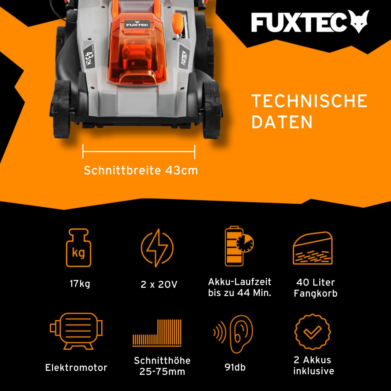 FUXTEC Akku Rasenmäher 40V 2x20V FX-E2RM43SET • 43cm • inkl 2X 4Ah Akku & Schnellladegerät• Variable Schnitthöhe • Mulchfunktion & Fangkorb 40L • kabelloser Elektro Rasenmäher