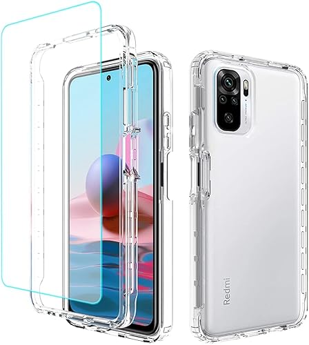 Funda de teléfono para Redmi Note 10 (4G)/Redmi Note 10S con protector de pantalla de vidrio templado, carcasa protectora de cuerpo completo