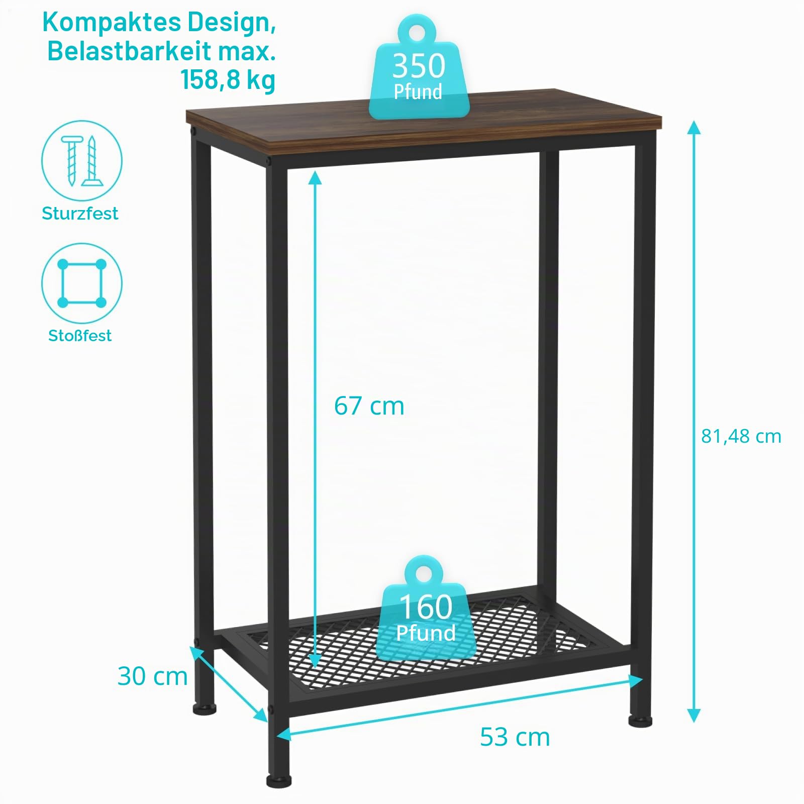 Aquarium-Ständer, 2-stöckig, kleiner Aquariumständer, Metall, Reptilienzüchter, Schildkröten-Terrarium, Pflanzenständer für Heimbüro, Belastung 159 kg, 53 cm L x 30 cm B x 81,5 cm H, Schwarz