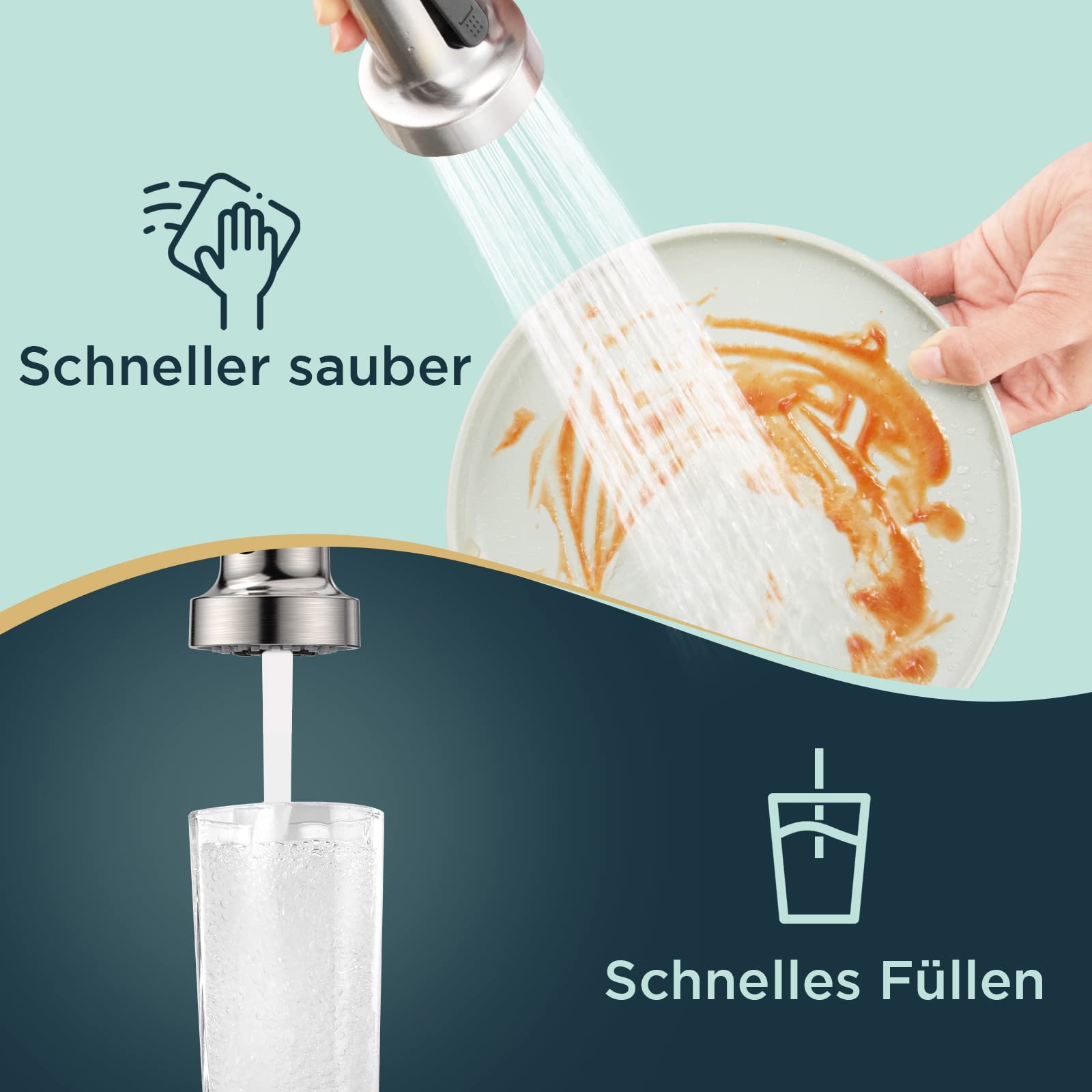 FORIOUS Wasserhahn Küche, Hoher Bogen Hochdruck Küchenarmatur mit Herunterziehen Brause Armatur, Mischbatterie Spültischarmatur Küchenarmaturen, 360° Schwenkbar Zwei Sprühfunktionen, Edelstahl