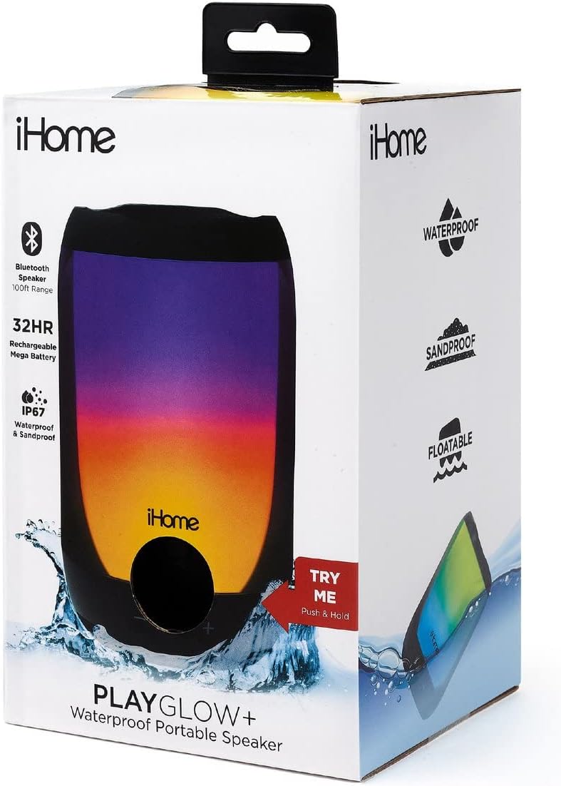 iHome PlayGlow+ speaker packaging showing features