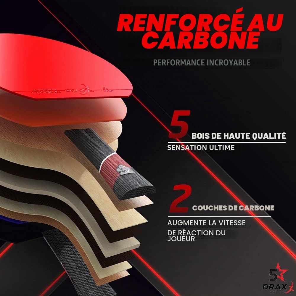 Raquette de Ping-Pong Carbone 5 Étoiles, Éponge 2mm, Effets Faciles, Légère et Rapide | Entraînement Compétition Club Loisir