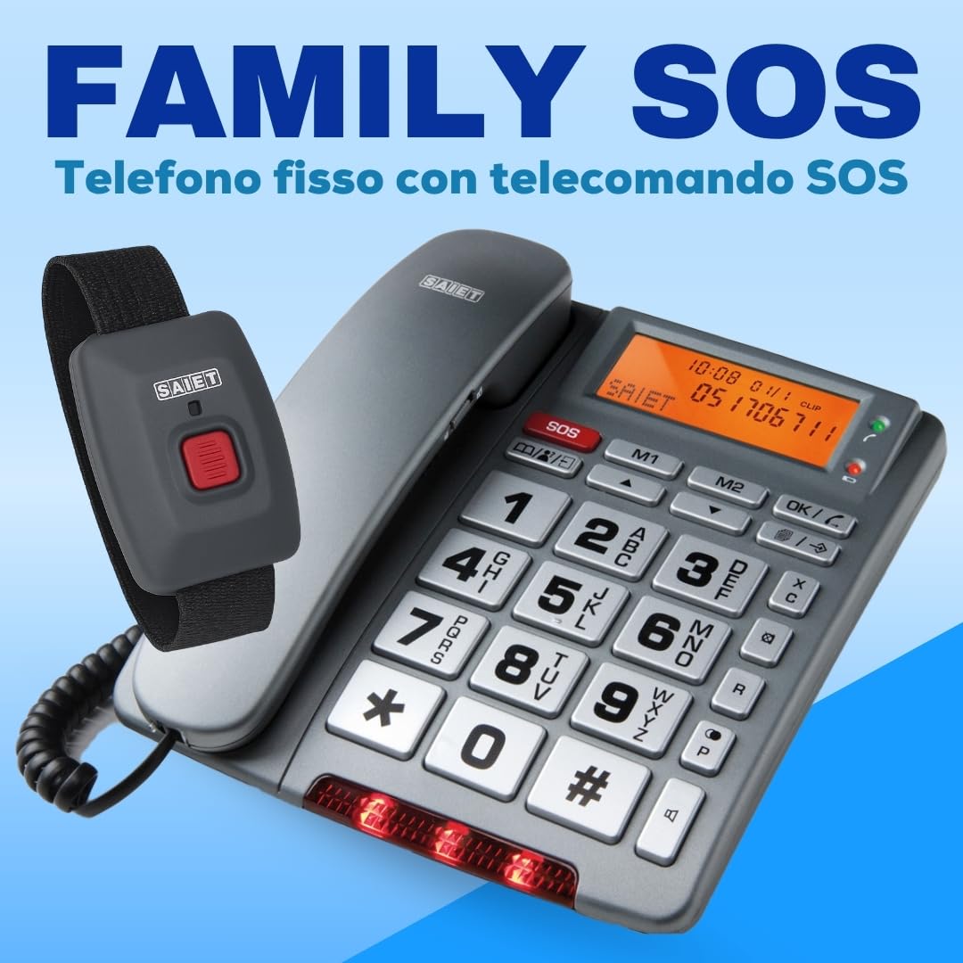 Telefono Fisso con SOS e Telecomando di Emergenza, Tasti Parlanti, SAIET | FAMILY TELE SOS con Display LCD Retroilluminato, Annuncio Vocale del Chiamante, Vivavoce e Rubrica fino a 30 Contatti