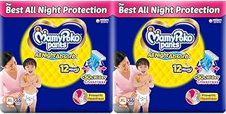 Pants All Night Absorb Baby Diapers, X-Large (XL), 36 Count 12-17 kg (Pack of 2)
