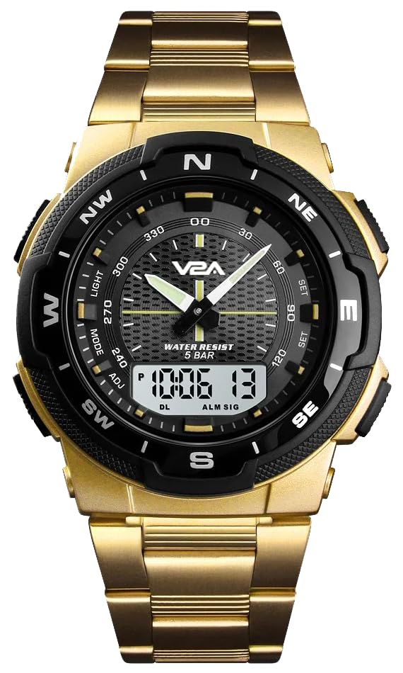 V2A Watch for Men Multi-Function Chronograph Analog-Digital ABS Case IP Stainless Steel Band Golden Mens Watch (B0CWNB2NJZ) Amazon Price History, Amazon Price Tracker