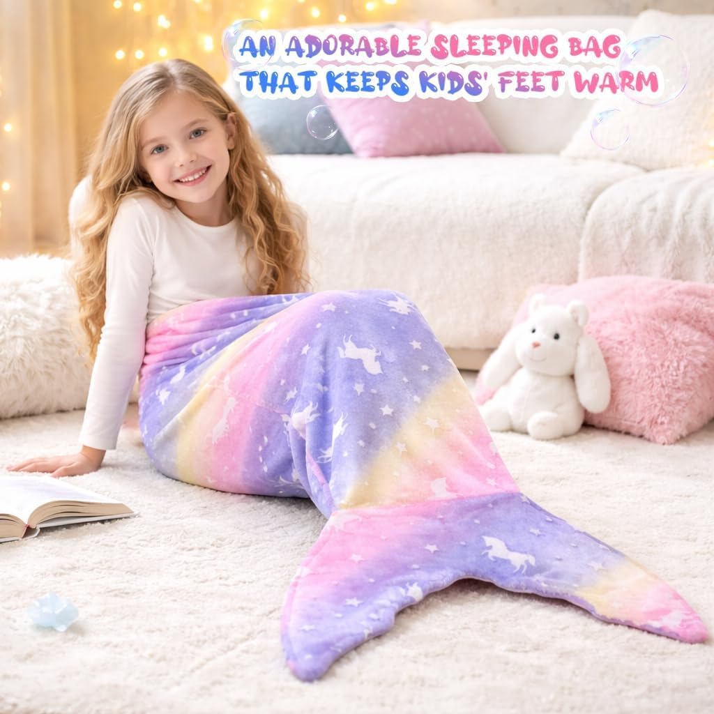 Mermaid Tail Blanket, Glow in the Dark Unicorn Blanket All Seasons Soft Flannel Throw Wearable Snuggle, Birthday Gift for Girls Kids, 55" x 24"(Purple)