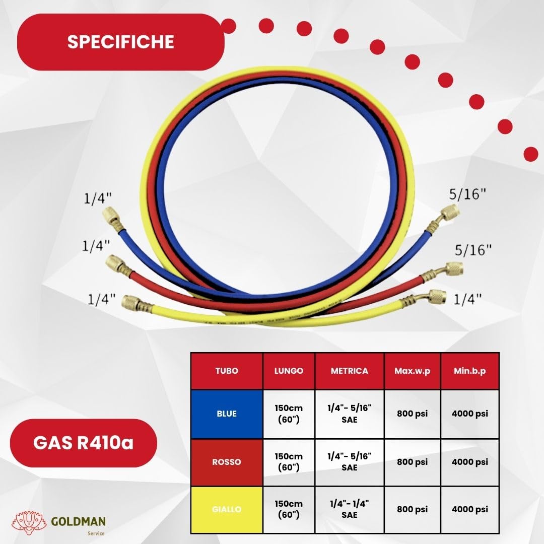 GOLDMAN SERVICE | Set di 3 Tubi di Ricarica ad Alta Pressione per Gas Refrigerante Aria Condizionata R410a | Lunghezza 150 centimetri, 60 pollici