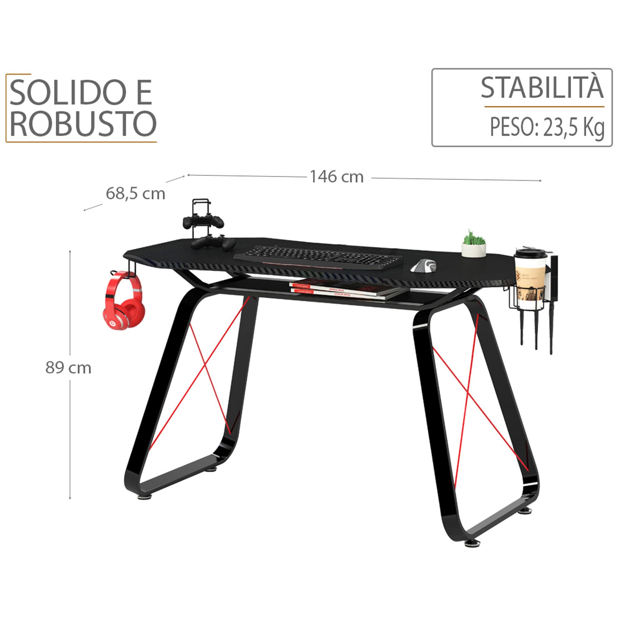 YELLOO - Scrivania Gaming per Computer, Scrivania Nera in Fibra di Carbonio Grande, Sceivanie per Cameretta Adatta per 1 Monitor Grande o 2 Monitor di Medie Dimensioni, Accessori Inclusi (GAMING GT10)