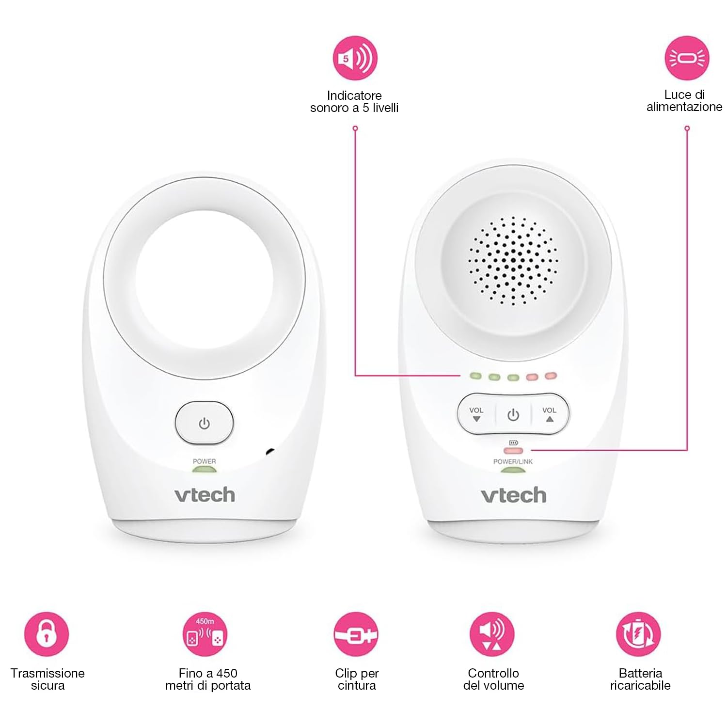 VTech DM1111 Digital Audio Baby Monitor DECT Monitor per Bambini con Rilevamento Livello Rumore e Clip Cintura