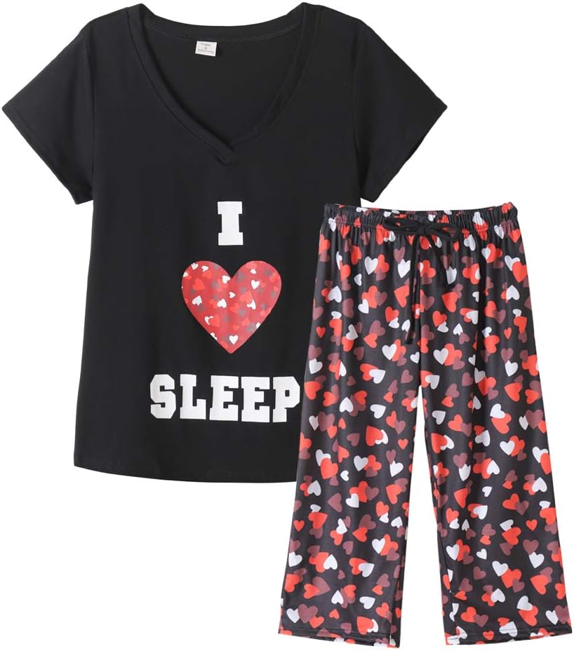 YIJIU Women's Short Sleeve Tops and Capri Pants Cute Cartoon Print Pajama Sets 3X-Large Black - I Love Sleep