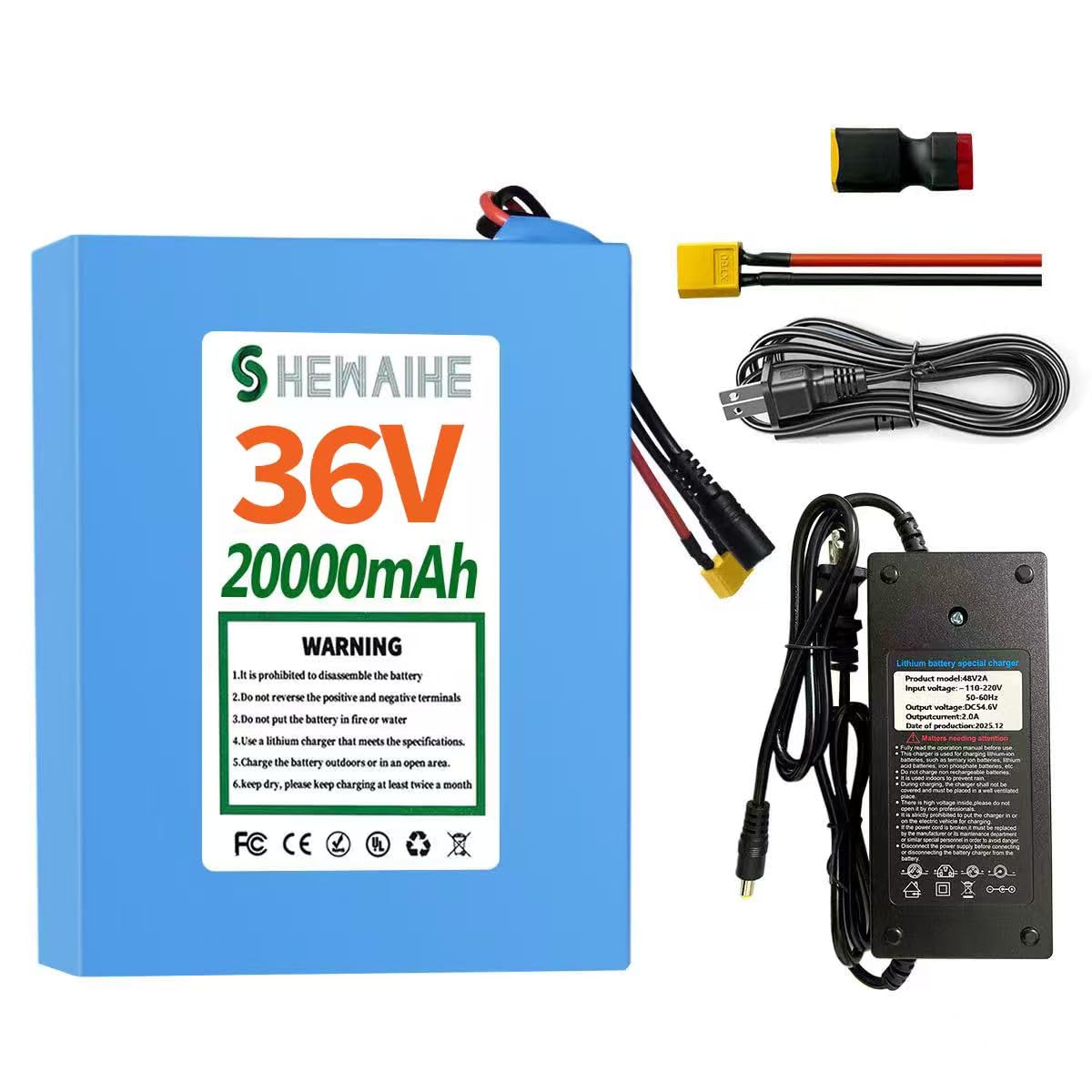 36V 20A Lithium Battery Pack, Built-in 25A BMS, XT60 SM Connector, 2A Charger, for 100W-600W DIY Projects