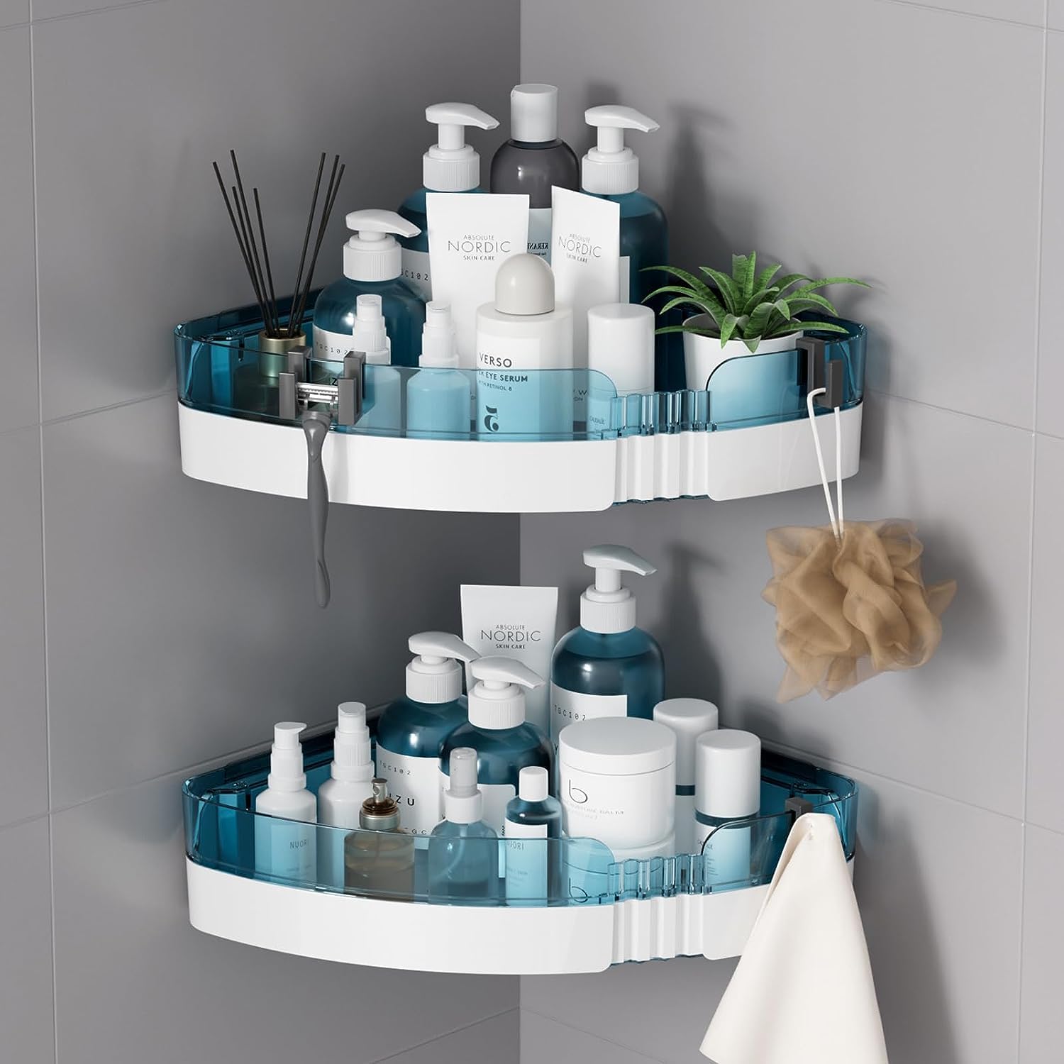 TYESO 2 Pack Corner Shower Caddy Shelves,Strong adhesive Plastic Corner Shower Organizer Shelf, Wall Mounted Bathroom Shower Shelf Organizer for Inside Shower & Kitchen Storage (Blue)