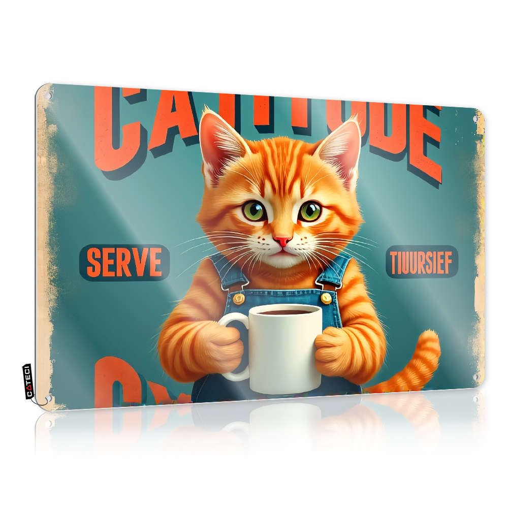 Sujd Colour Humor Retro Wall Decor, Metal Stuff A Cat Wearing Overalls Holds A Coffee Mug. | Farmhouse Pool Decor(30X40cm)