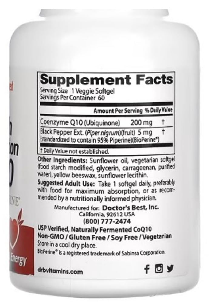 Doctor's Best - CoQ10 de Alta Absorción con BioPerine | 200 mg, 60 cápsulas blandas vegetales