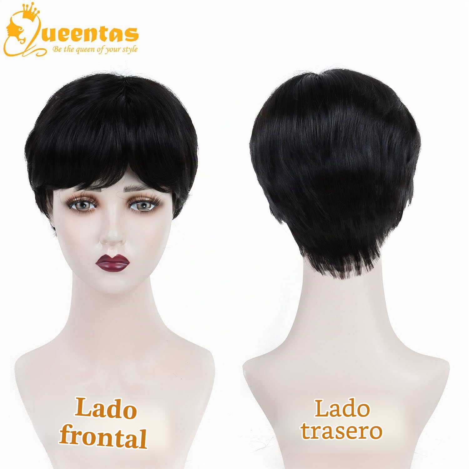 Queentas Peluca corta para mujer, pelucas con corte de duendecillo en capas, pelo sintético, parte lateral, flequillo, peluca para mujer (negro)