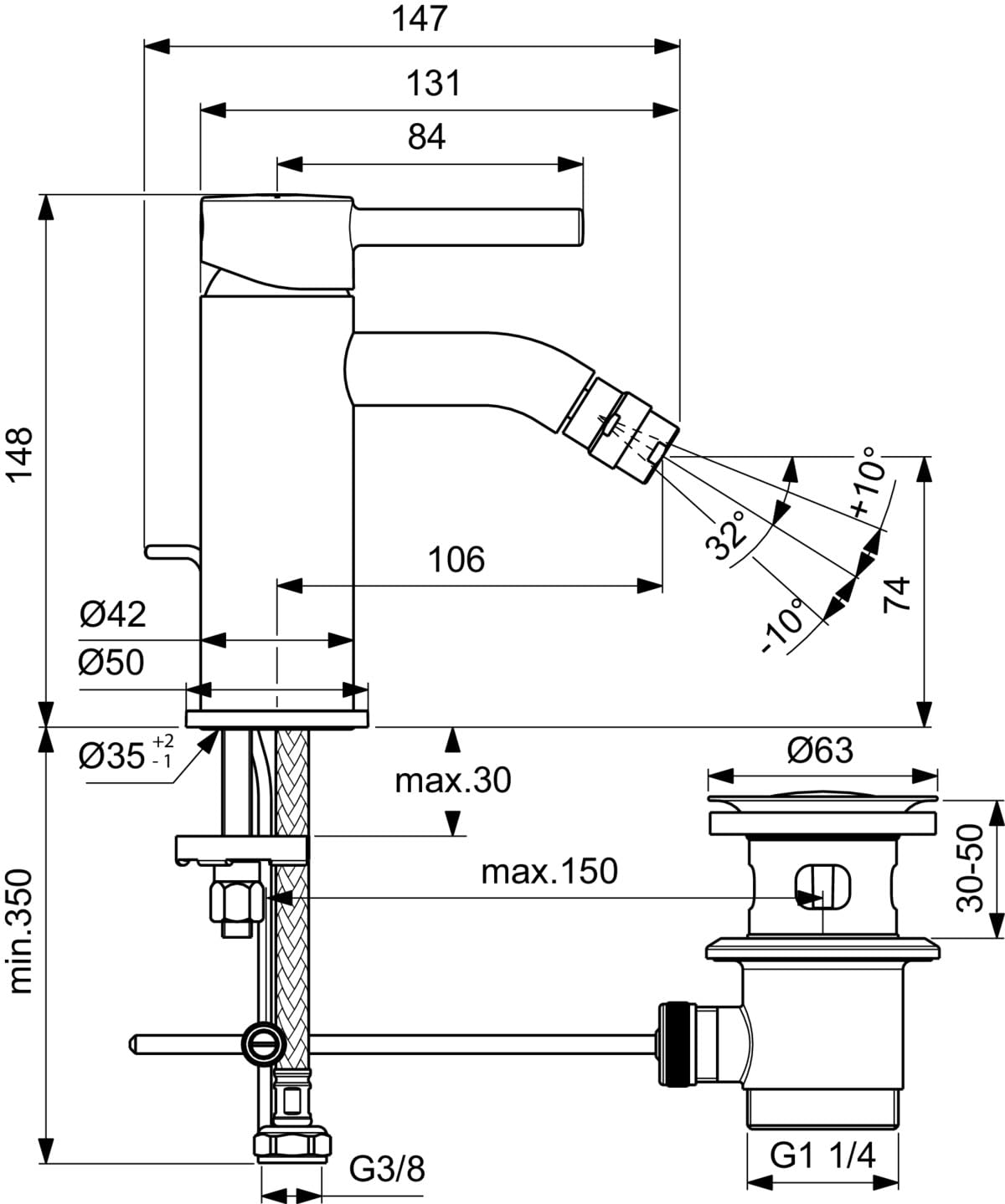 Ideal Standard BC197AA Ceraline armatura bidetowa z zestawem odpływowym z przyciskiem pociągowym