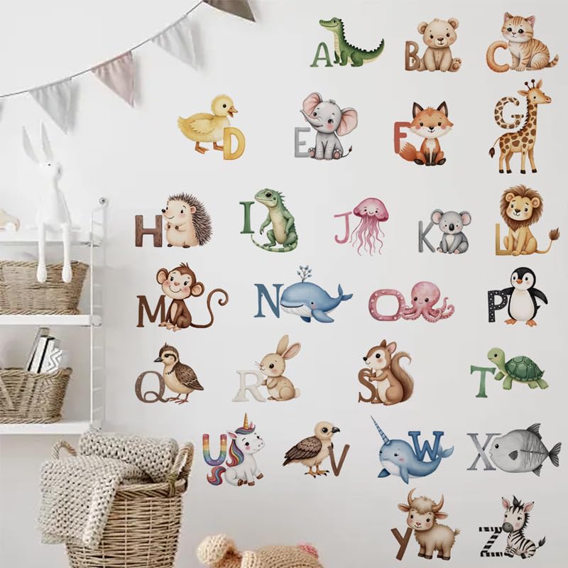 FUFUQUARE Colourful Animal Alphabet Wall Stickers Kids Educational Learning ABC Wall Art Decals Removable for Nursery Bedroom Living Room Classroom