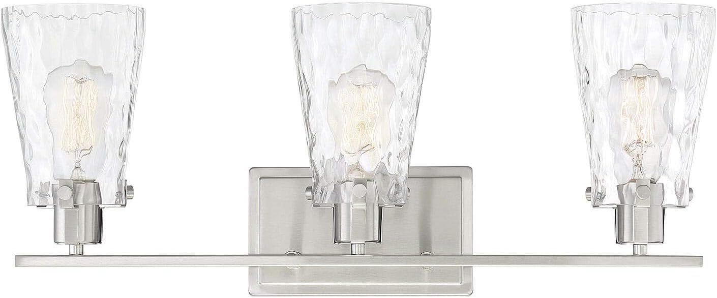 Savoy House 8-4508-3-SN Vaughan Modern Clear Water Glass Bathroom Vanity Wall Light, 3-Light 180 Total Watts, 9" H x 24" W, Satin Nickel