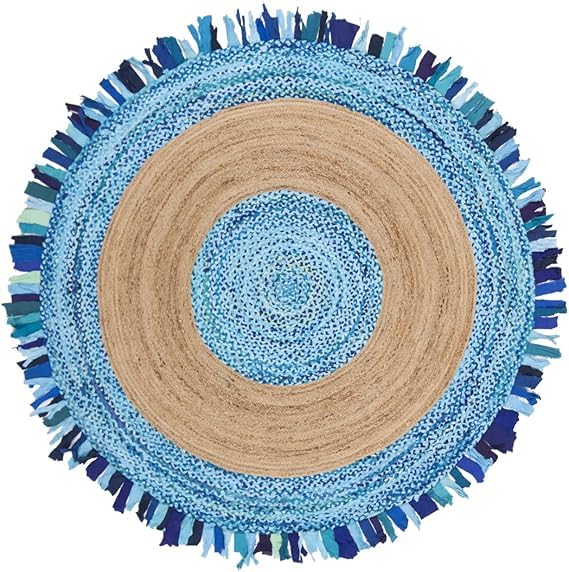 Tapis rond en jute tressé main coton bleu ciel pour salon chambre et salle