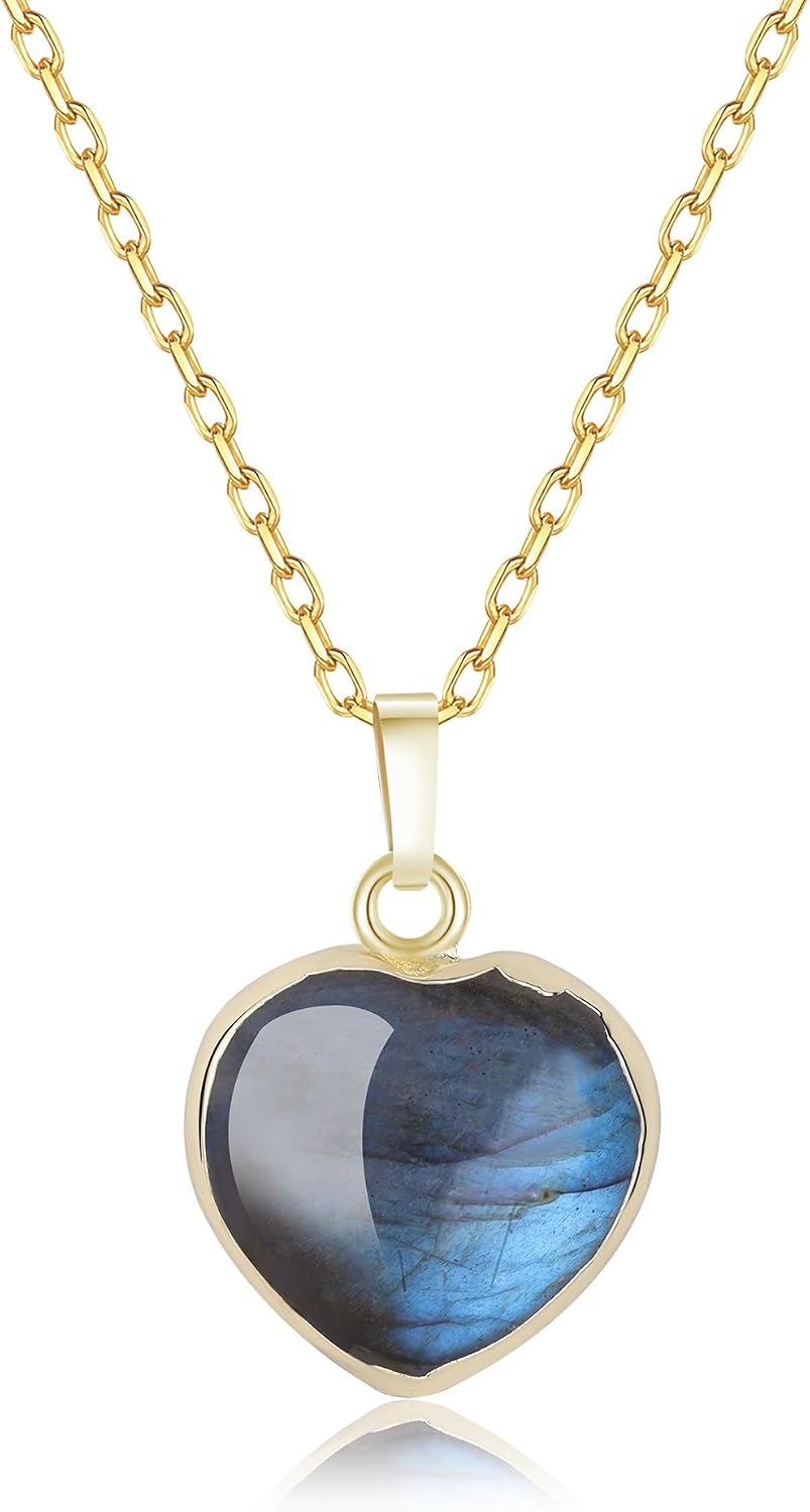 COAI Heart Necklace for Women, 18K Gold Plated Stainless Steel Chain Labradorite Crystal Necklace for Women