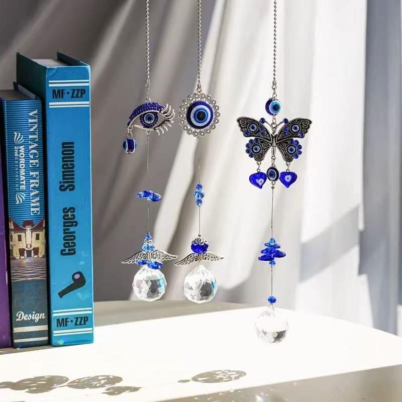 Evil Eye Crystal Sun Catcher, Wind Chime Pendant with Rainbow Maker Design, Decorative Beaded & Metal Accents, Suitable for Outdoor Patio Decor Window Hanging Garden Ornament or Indoor Spaces