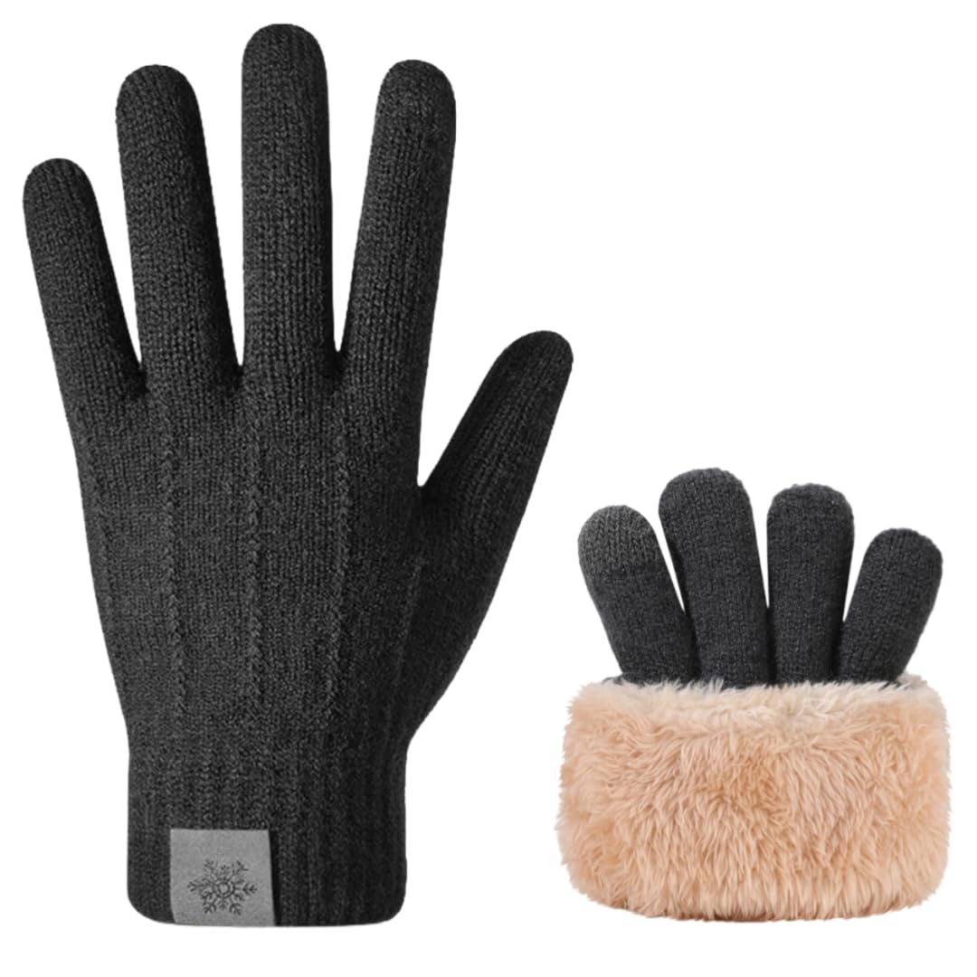 YISENJEE Warm Knit Touchscreen Gloves Men'S Winter Extra Large Cold-Proof Plush Yarn Touch Screen Knitted Invisible Striped Warm Gloves - Dark Gray