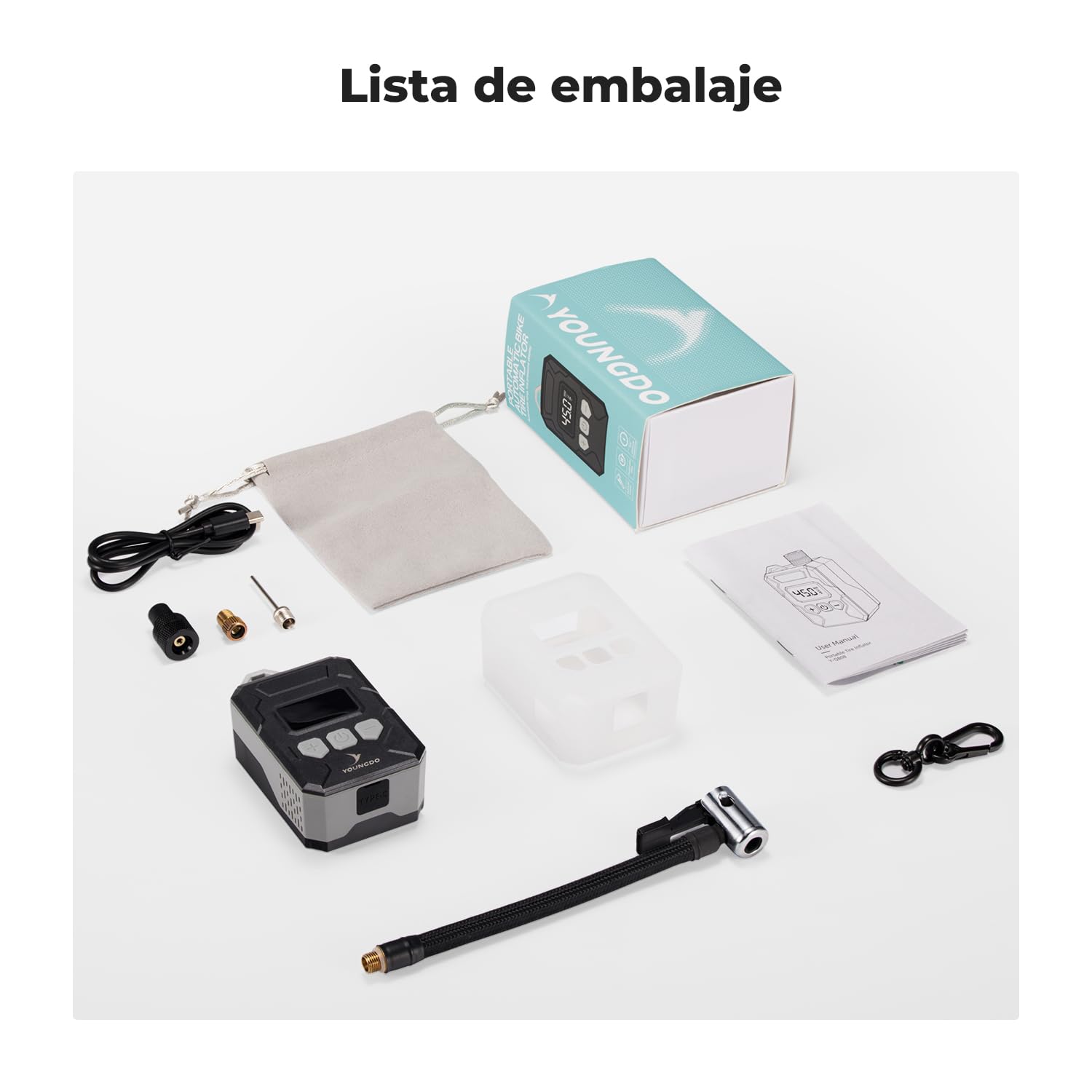 150PSI mini Bomba Bicicleta, YOUNGDO inflador electrico con Manómetro Digital, Función Auto Stop Tipo-C Bomba de Aire Eléctrica para Bicicleta con Válvula Presta y Schrader para Bicicleta, Moto, Balón