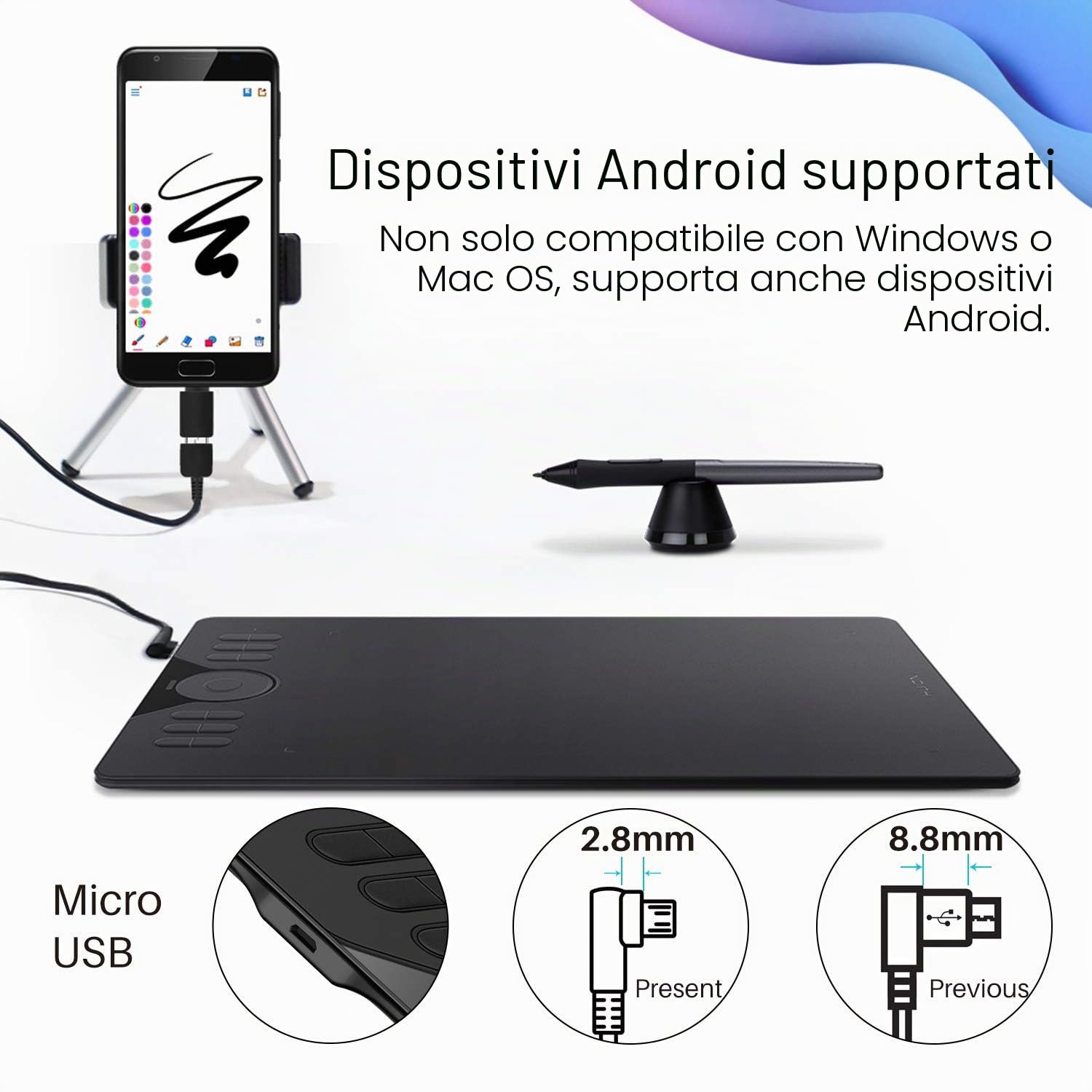 Tavoletta grafica Drawing HUION HS610 potenziata Funzione inclinazione Stilo senza batteria con 1 Touch Screen per telefono Touchscreen per Android 6.0 supportato