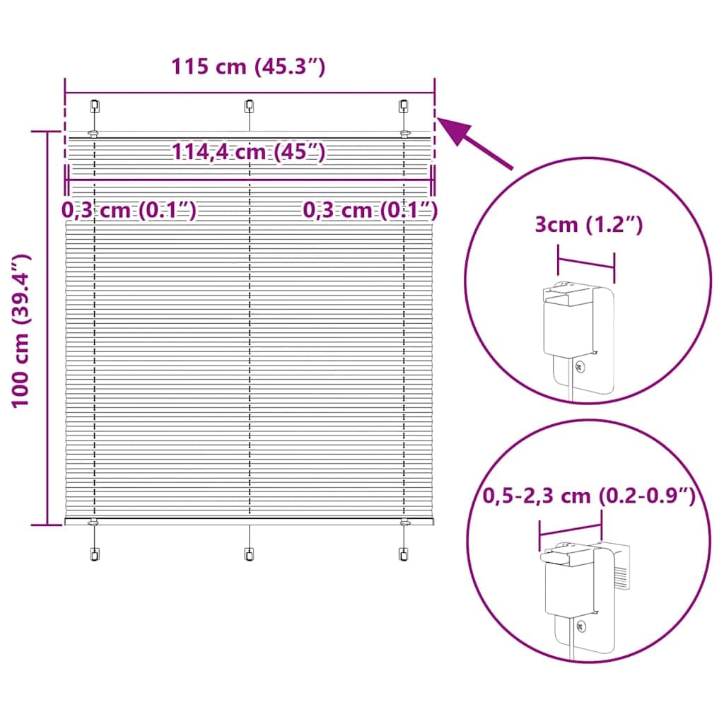 Store plissé Noir 115x100 cm Tissu Polyester Largeur 114,4 cm avec Montage sans perçage Store vénitien occultant tamisant pour fenêtre Baie vitrée Chambre Bureau