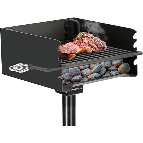 Park Grill Heavy Duty Charcoal Grill 16 x 16 Inch Park Style Charcoal Grill with Height Adjustable Cooking Grate 360 Degree Swivel Pedestal Park Style Grill for Outdoor Campground and Commercial Bbq