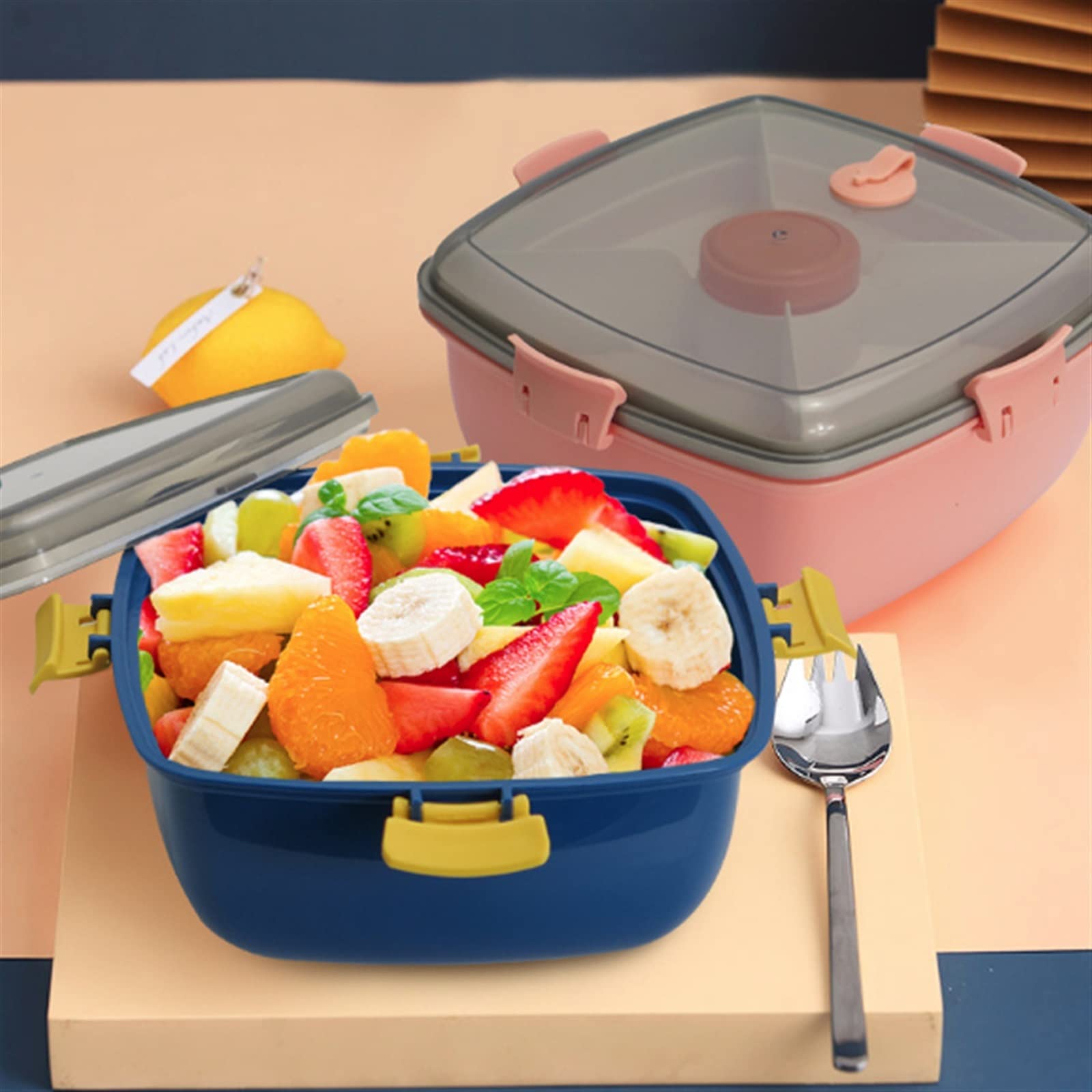 Brotdose， Doppeldecker-Lunchbox, Salatbox, Bento-Picknick, 4 Gitter, Salatdressing-Behälter, Lunchbox-Set, Stude(Blu)