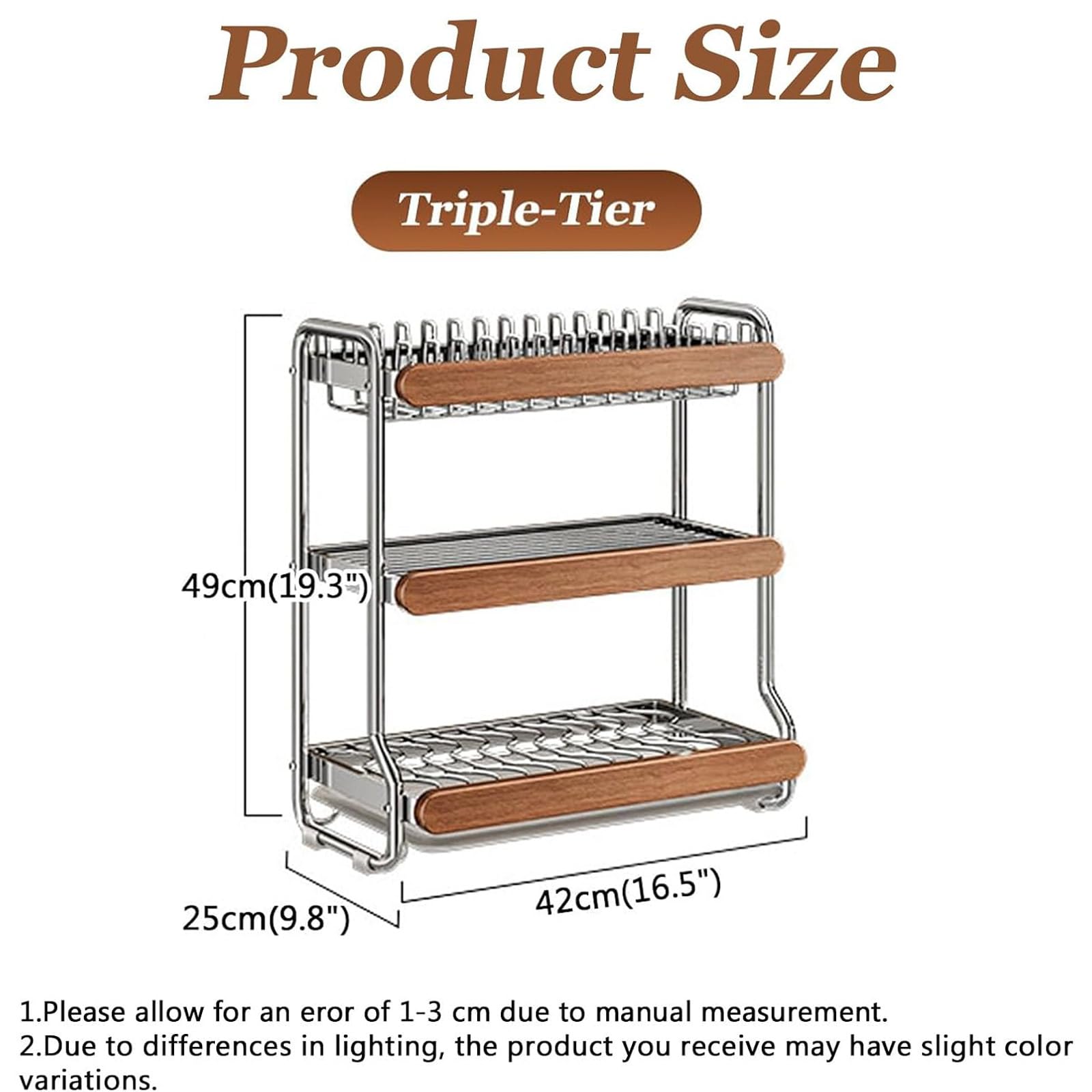 Escurridor de platos con parte superior de madera, organizador de encimera de cocina de acero inoxidable, escurridor de gran capacidad con soporte desmontable para cubiertos