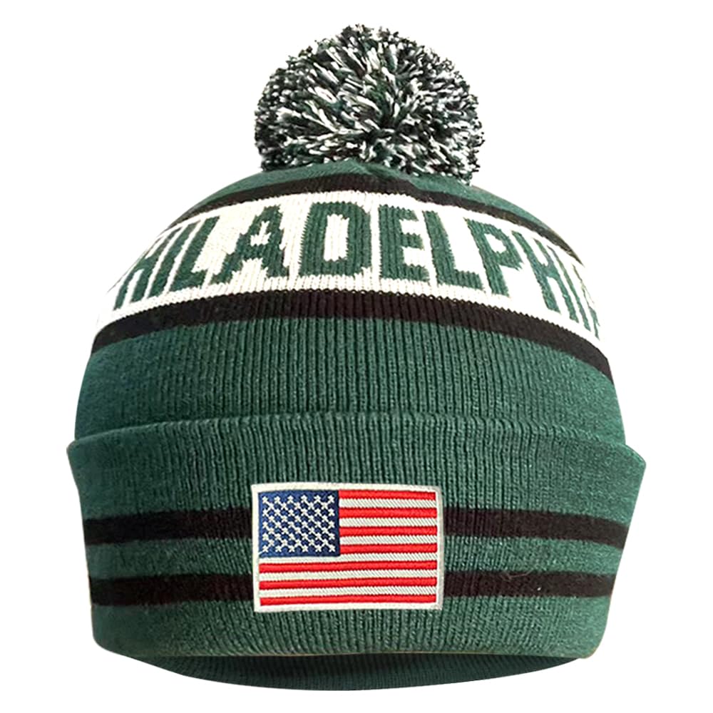 Cayyon US Flag City Football Embroidery Classic Pom Cuff Philadelphia Beanie Hat Cuffed Winter Soft Knit Cap Green