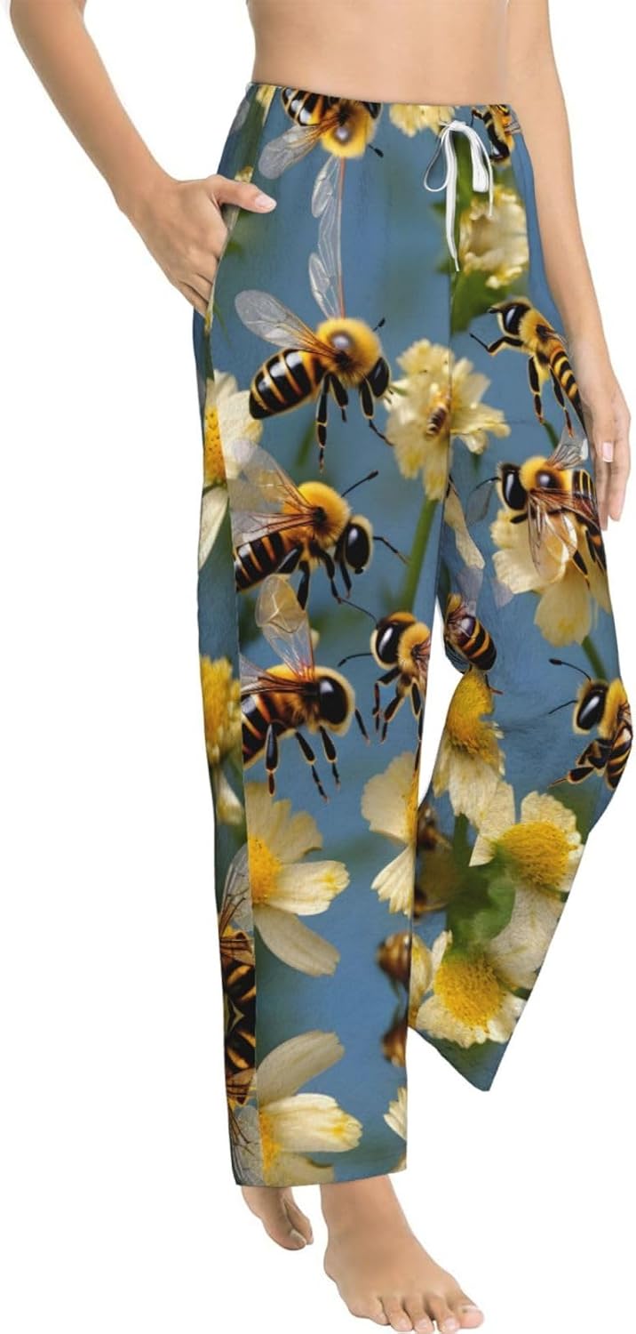Honey Bees Flowers Print Cozy Flannel Pajama Pants For Women,Warm Christmas Pj Pants,Cute Fleece Pajamas