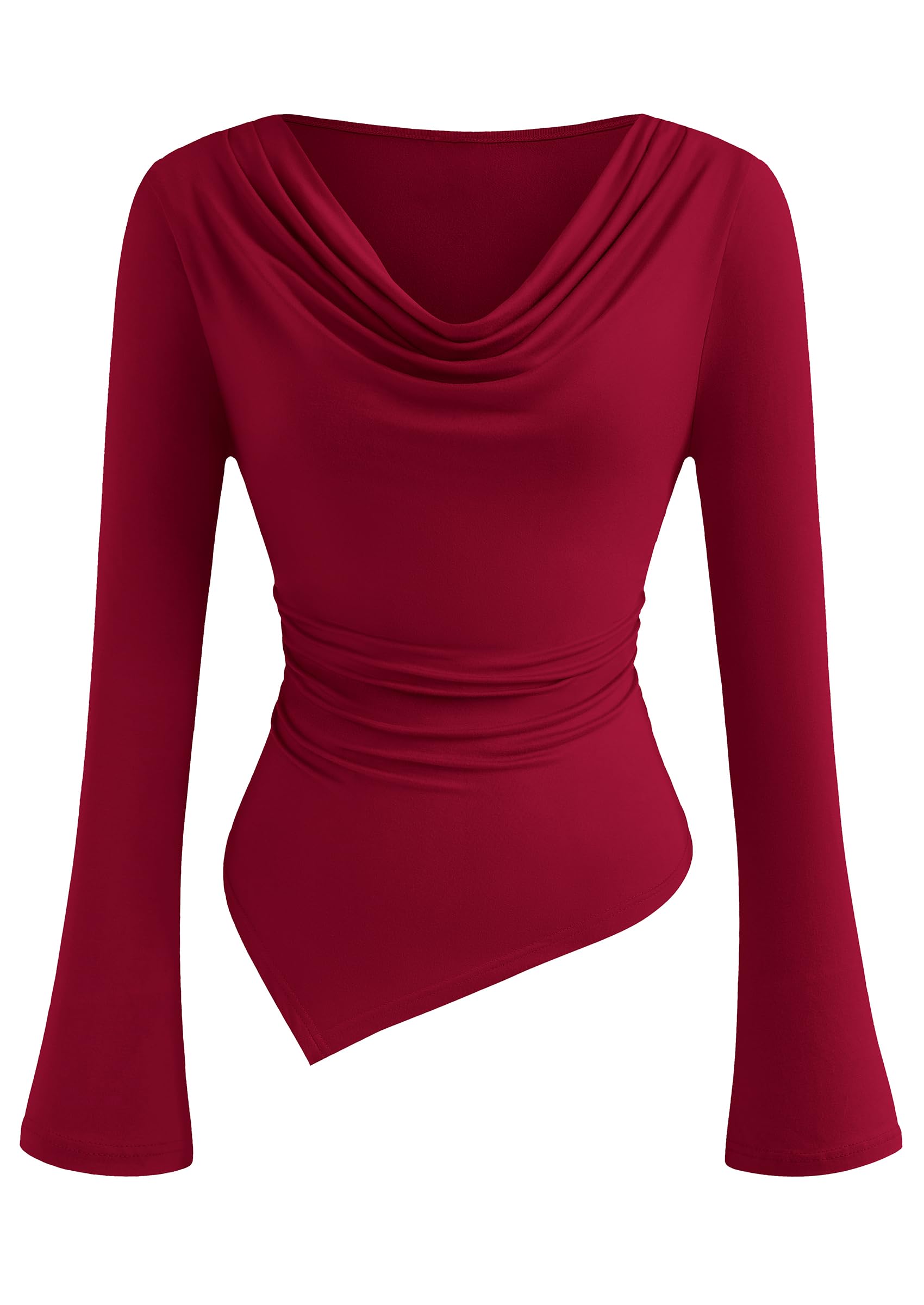 Womens Bell Long Sleeve Shirts Casual Cowl Neck Asymmetrical Slim Fit Crop Tops Y2K Going Out Spring Clothes