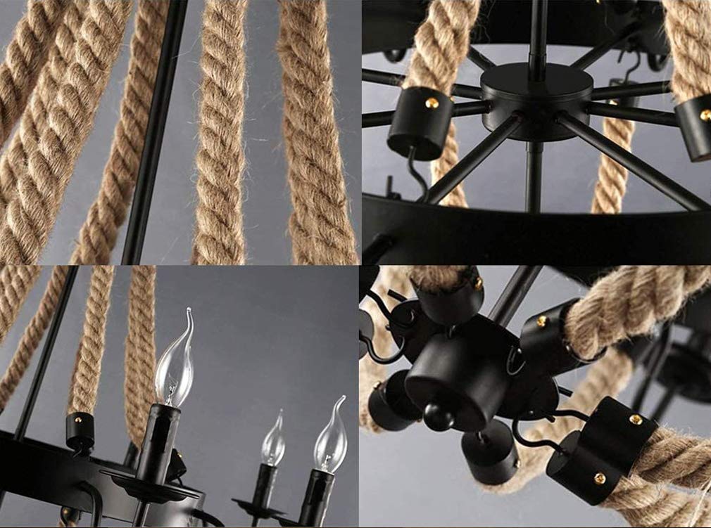 Rustikal Pendelleuchte Kronleuchter Schwarz industrial Vintage Hanfseil Hängelampe Esszimmerlampe Klassisch Retro Wohnzimmerlampe Landhaus Arbeitszimmer Lüster, 8-flammig E14, Höhenverstellbar, D85CM