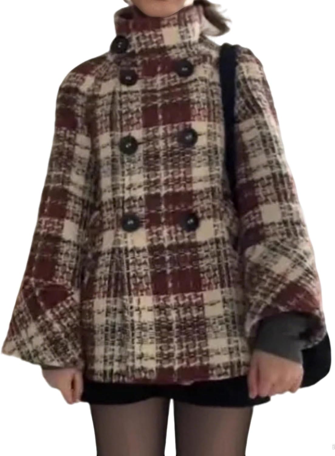 CHARTOU Womens Houndstooth Plaid Wool Trench Pea Coat Winter Dressy Double Breast Stand Collar Tweed Jacket