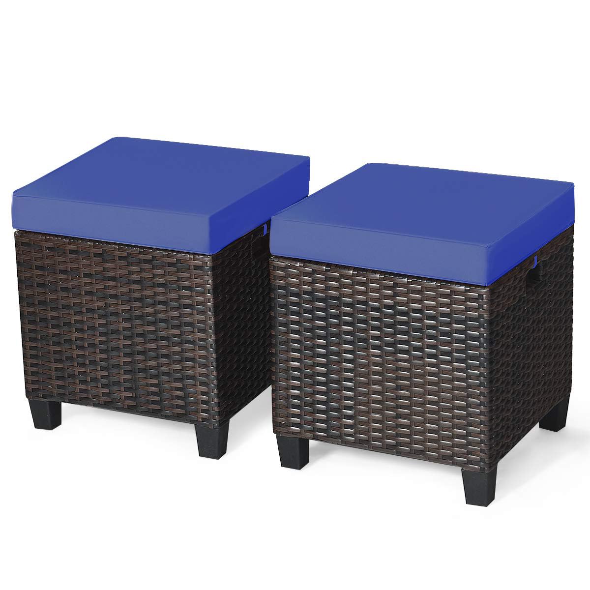 DORTALA 2 Piece Patio Wicker Ottomans, 2 in 1 Outdoor PE Rattan Side Table & Footstool Foot Rest with Cushions for Couch, Chair, Navy Blue