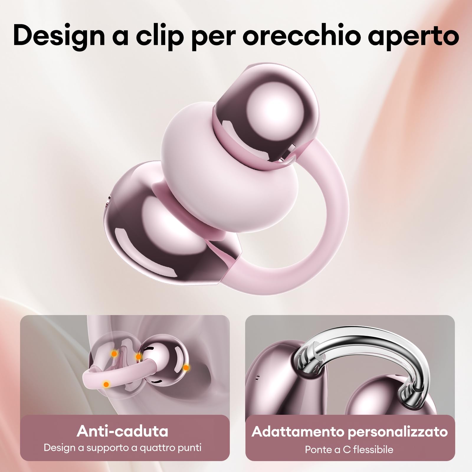 ZOMBIES CAT Auricolari Open Ear Clip-on con Schermo Touch Intelligente – Cuffie Bluetooth 5.4, Audio HiFi, Controllo Musicale & Volume, Auricolari Bluetooth per Sport,M100 Rosa