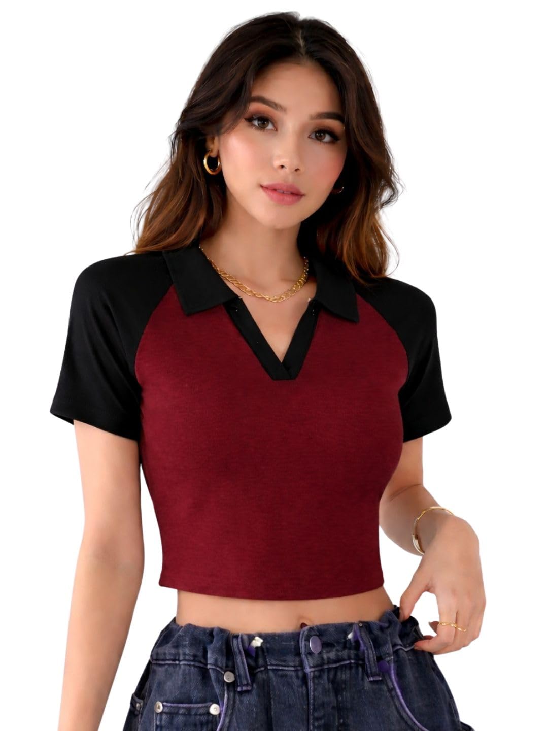 Women Color Block Crop Top Maroon Black Polo Neck Slim Fit Stylish Casual Top-picture-14