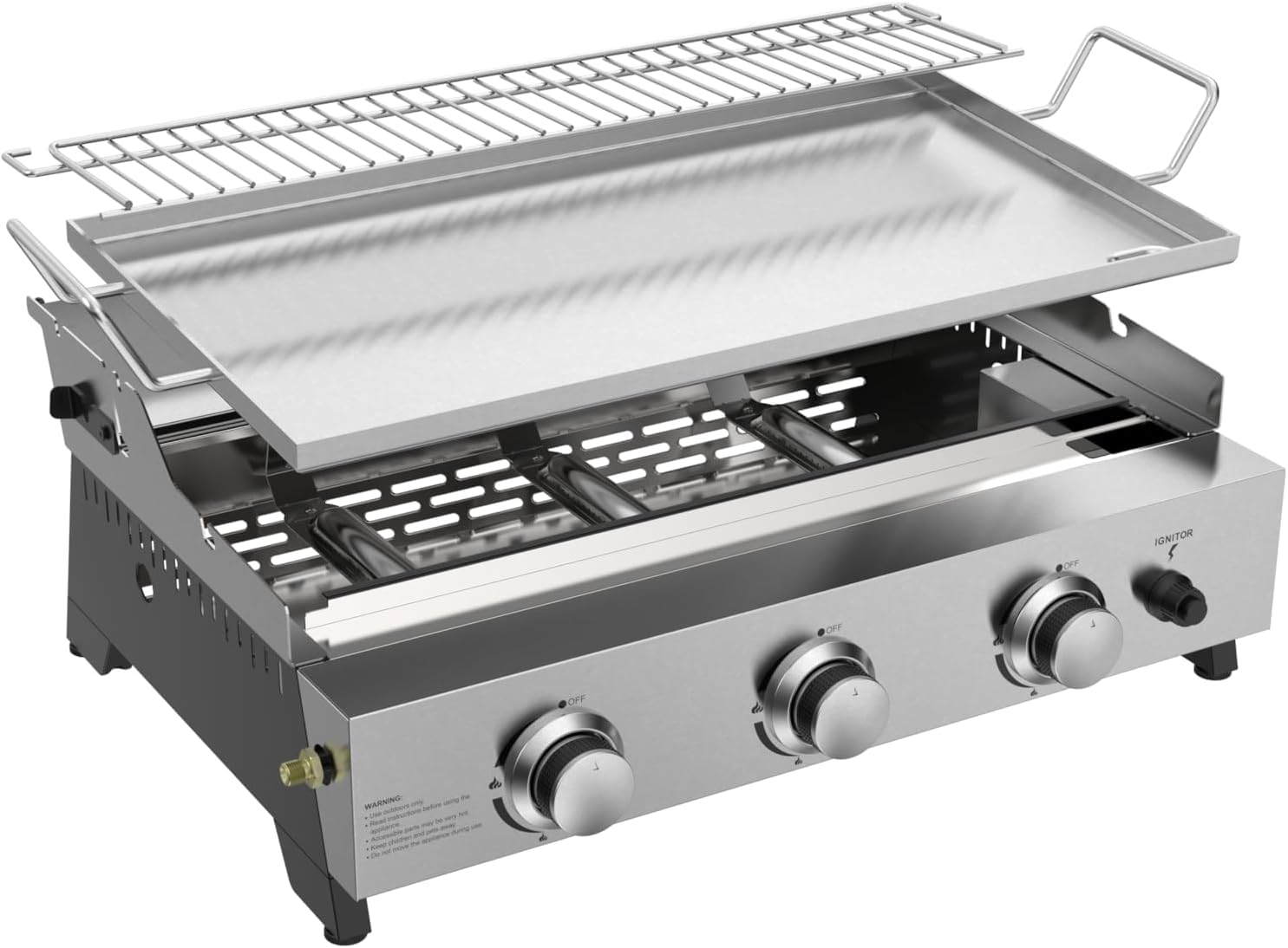 METRO PROFESSIONAL Plancha de Gas Tornada 3 Quemadores, 61.5 x 32 cm, Acero Inoxidable, 7.5 kW, con Rejilla y Bandeja Recogegrasas