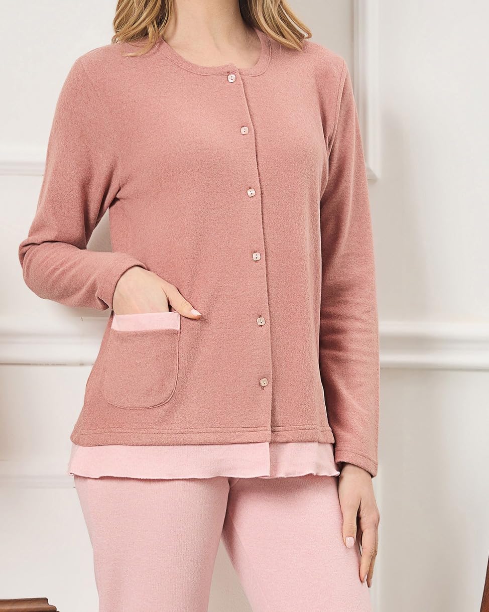 Pigiama Donna Invernale Cotone Punto Milano, Pigiami 2 Pezzi Morbido con Maglia Manica Lunga, Fantasia a Scelta, Taglie 44 46 48 50 52 54