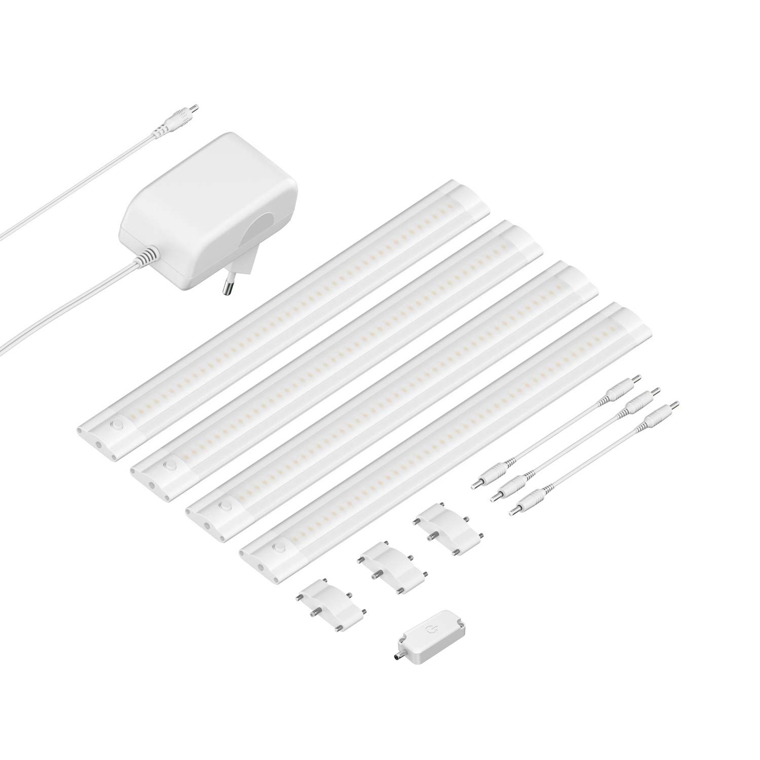 ledscom.de Lámpara LED bajo el armario SIRIS blanco mate con regulador táctil, plana, 30cm cada una, 370lm cada una, blanco, juego de 4