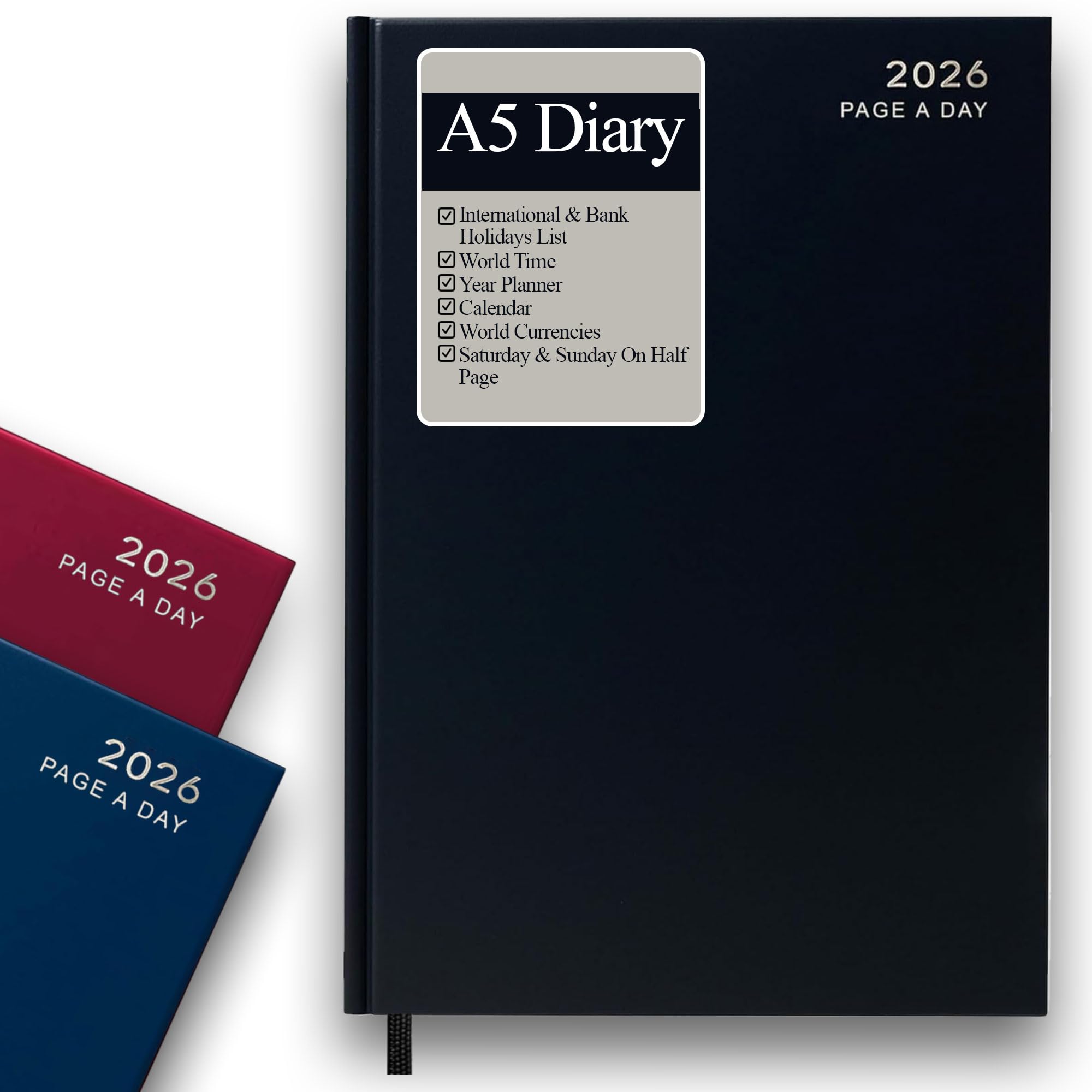 2026 A5 Day Per Page Black Diary (Full Pages Weekend) - 2026 A5 Day a Page Diary with Ribbon Marker, Notes, Contacts - Personal, Office, Home & Business Use