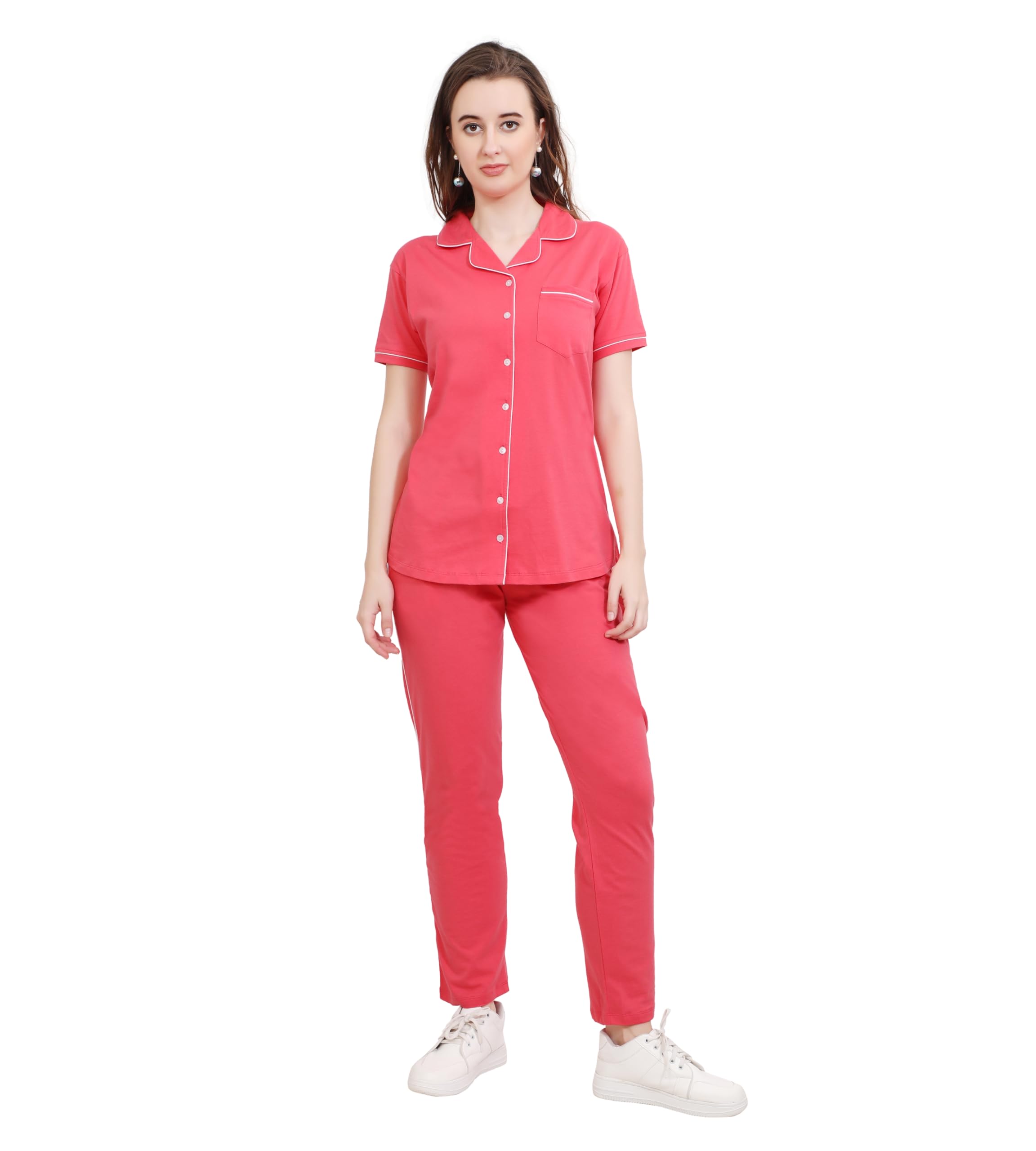 Cotton Night Suit Set for Women | Solid Plain Relaxed Night Suit Set of Shirt & Pyjama | Soft Comfortable Stylish Cotton Nightwear Set for Women's-image-37