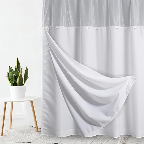 Miniatura 8 de Cortina de ducha sin ganchos con forro a presión, diseño de montaña natural, sin gancho, doble capa sin anillo, forro con imanes, tela de tela Sin